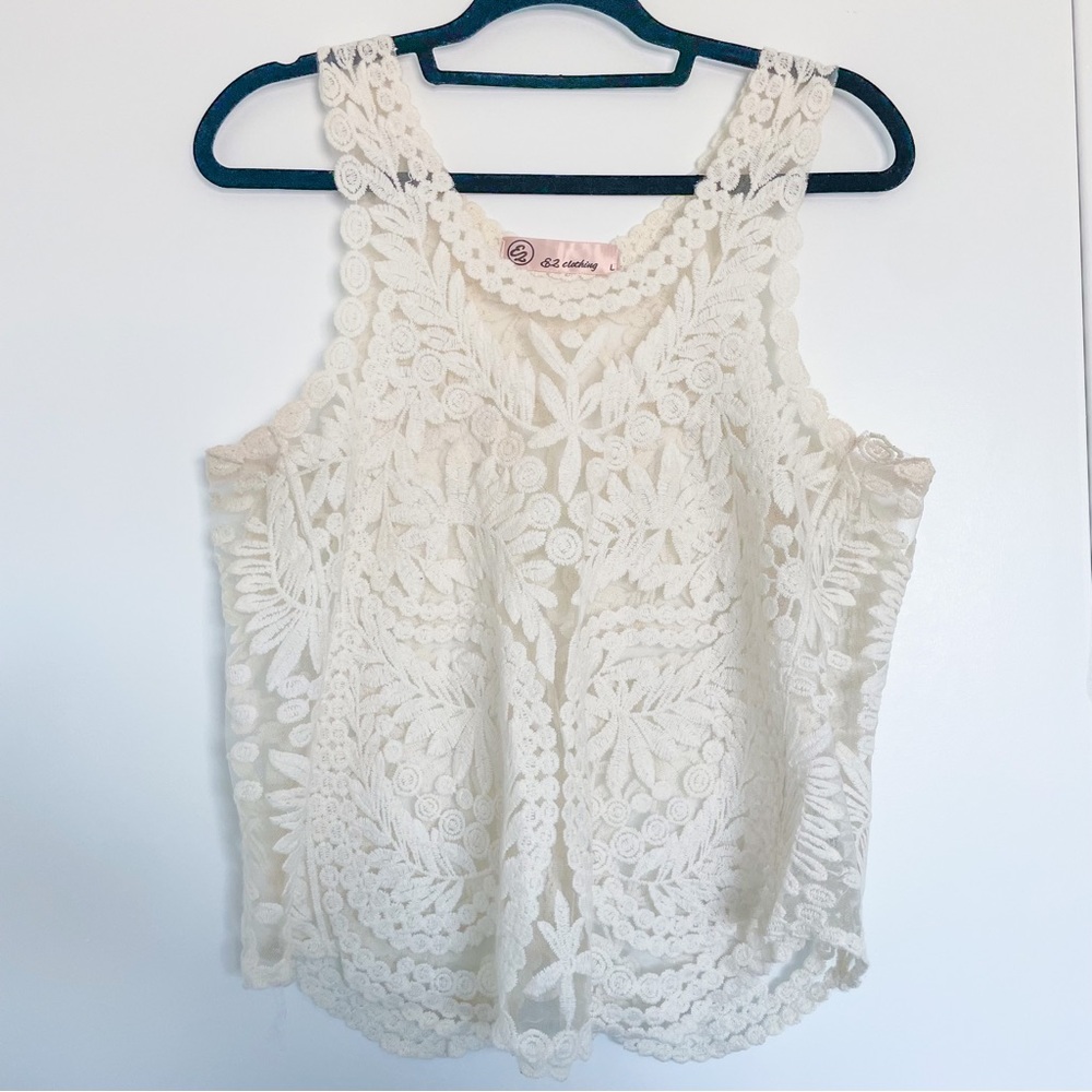 Sleeveless Lace Tank Top Embroidery Boho/Cottagecore Floral Crochet Shirt L